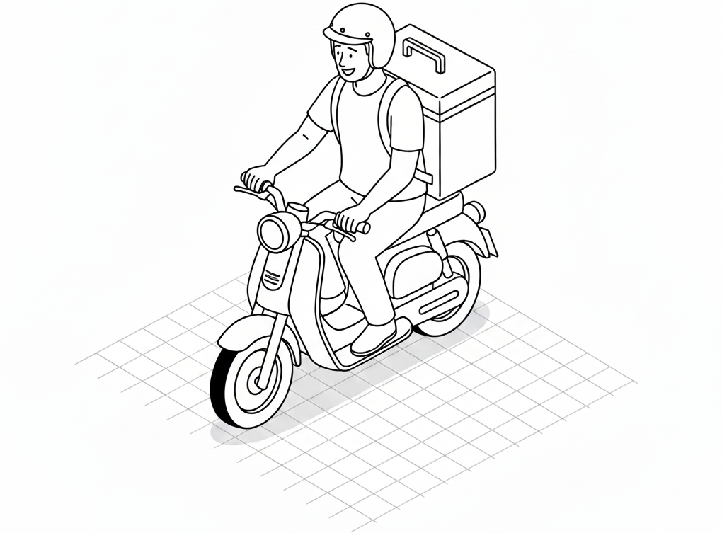 courier on a moped carrying a toolbox