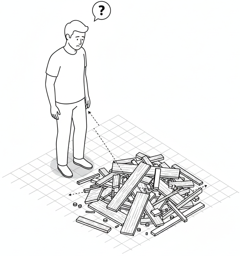 person looking at unfinished wood build on floor